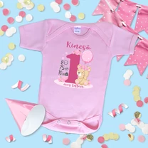 Kép 2/2 - Egy éves lettem Virágos Maci lufival (Pink) (Egyedi felirattal) - Babaruha