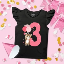 Kép 1/3 - Pink Cicamica lufikkal - Szülinapos Fodros Felső (3, 4, 5 szülinapi szám)