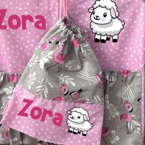 Kép 2/3 - Ovizsák szett - Flamingó (Rózsaszín, csillagos) - Egyedi felirattal is rendelhető