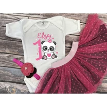 Kép 4/4 - Pandamaci - Fuxia Tütü szett, virágos hajpánttal (1 éveseknek, Egyedi névvel)