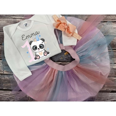 Pandamaci - Barack - szivárvány Tütü szett, hajpánttal (1 éveseknek, Egyedi névvel)