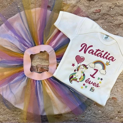 Szivárvány Unikornis lufival - Tütü szett (1, 2 éveseknek, Egyedi névvel)