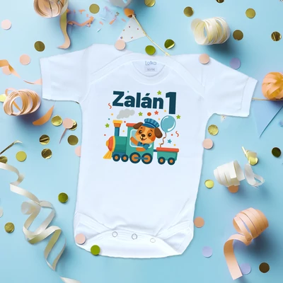 Vonatozó kutyus szülinap (Egyedi felirattal) - Babaruha