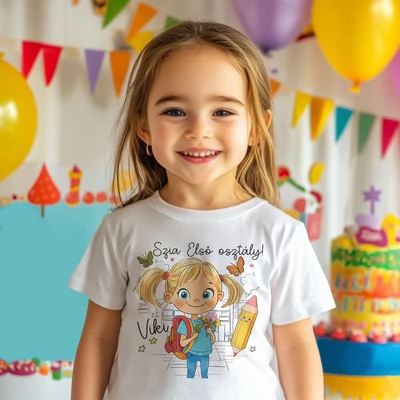 Szia Első osztály – Gyerek póló (Két copfos kislány, egyedi névvel)