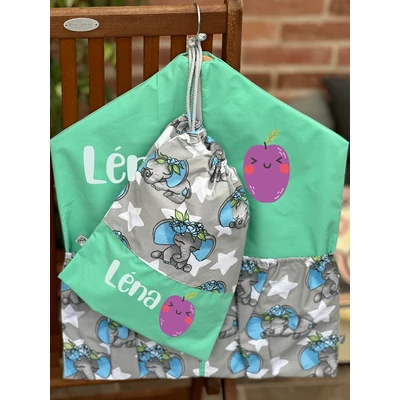 Ovizsák szett - Elefánt kék virággal (Menta) - Egyedi felirattal is rendelhető