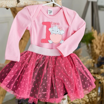 Elefáni - Rózsaszín pöttyös Tütü szett (1, 2 éveseknek, Egyedi névvel)