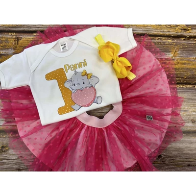 Elefáni Pöttyös Szívecskés - Első Szülinapi szett, masnival (Egyedi névvel)