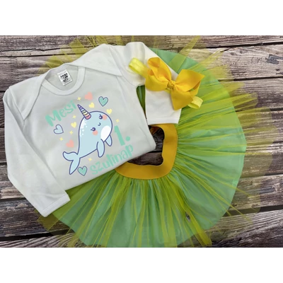Narvál - Menta Sárga Tütü szett, masnival (1, 2 éveseknek, Egyedi névvel)