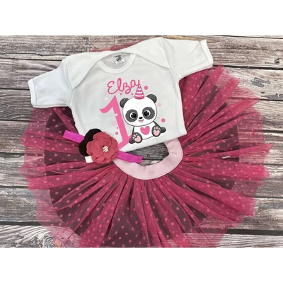 Pandamaci - Fuxia Tütü szett, virágos hajpánttal (1 éveseknek, Egyedi névvel)