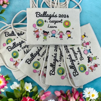 Ballagási tarisznya "Gyerekek lufival" mintával, egyedi névvel, jellel (05B típus, egyedi)