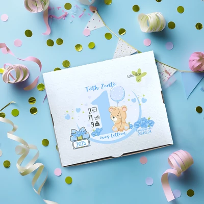 Első szülinapos Maci (Babakék, Baba adataival) - Díszdoboz 