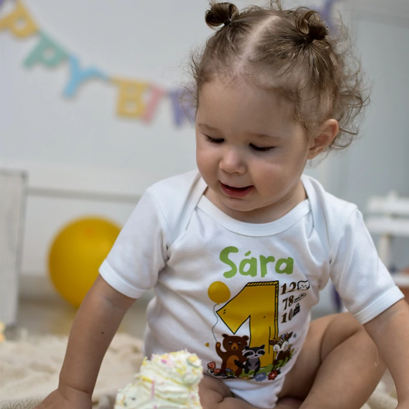 Egy éves lettem Erdei Állatokkal (Sárga) (Egyedi felirattal) - Babaruha