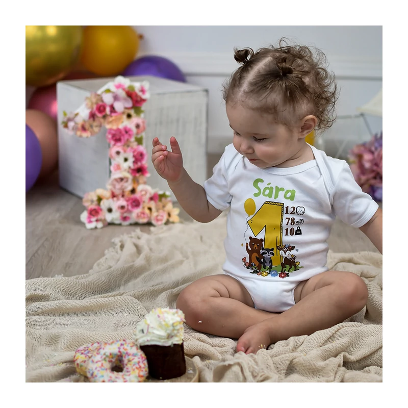 Egy éves lettem Erdei Állatokkal (Sárga) (Egyedi felirattal) - Babaruha