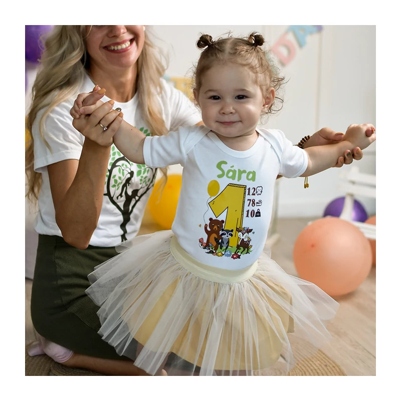 Erdei állatok Szülinapi Tütü szett  (Sárga - barna szett, Egyedi névvel)