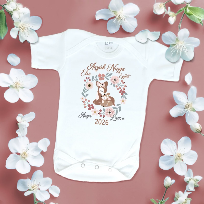 Első Anyák Napja, Őzike (Egyedi névvel, Rózsaszín) -  Babaruha
