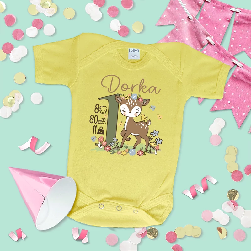 Egy éves lettem Őzike (Egyedi felirat: fogak, hossz, súly) - Babaruha