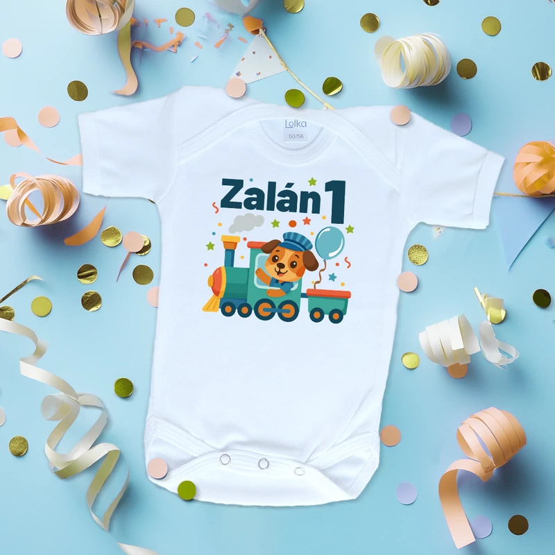 Vonatozó kutyus szülinap (Egyedi felirattal) - Babaruha