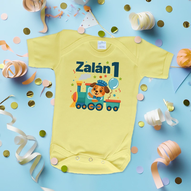 Vonatozó kutyus szülinap (Egyedi felirattal) - Babaruha