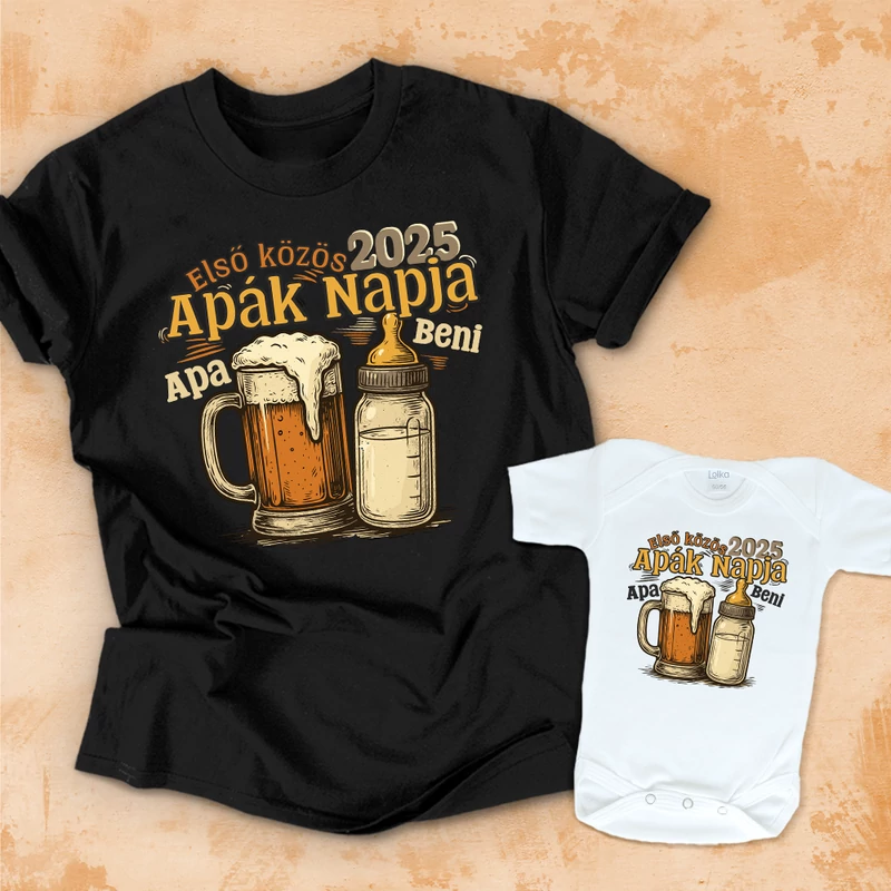 Első közös Apák napja, RETRO design (2025, Baba nevével) - Családi csomag