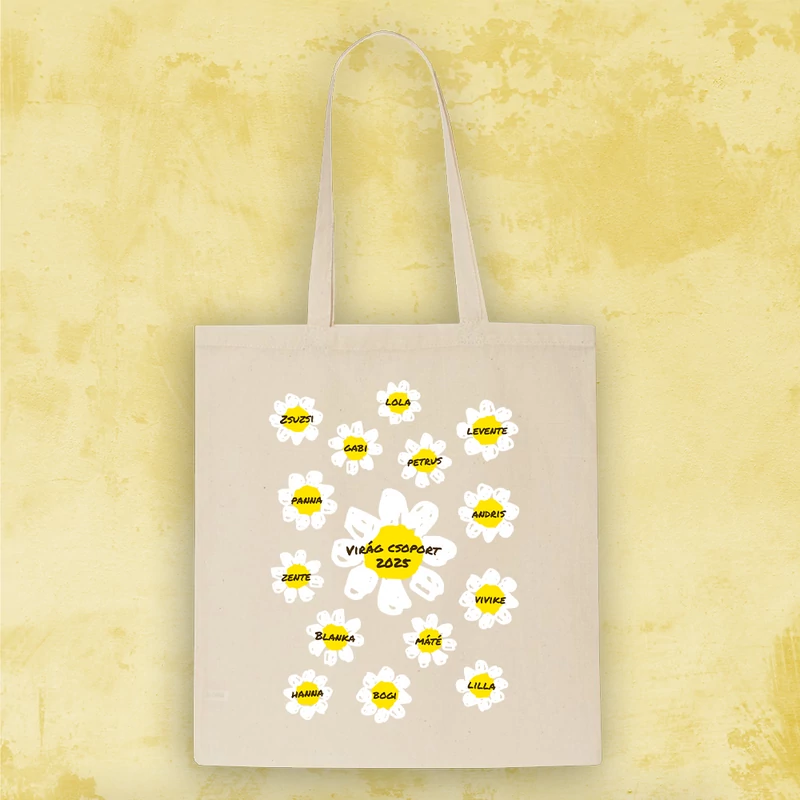 Virágok (Fehér szirom) - Búcsú Vászontáska Óvónéniknek (Ovisok nevével, egyedi)