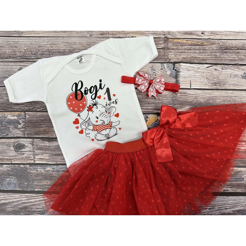 Elefáni - Piros pöttyös Tütü szett (hajpánt nélkül)  (1, 2 éveseknek, Egyedi névvel)