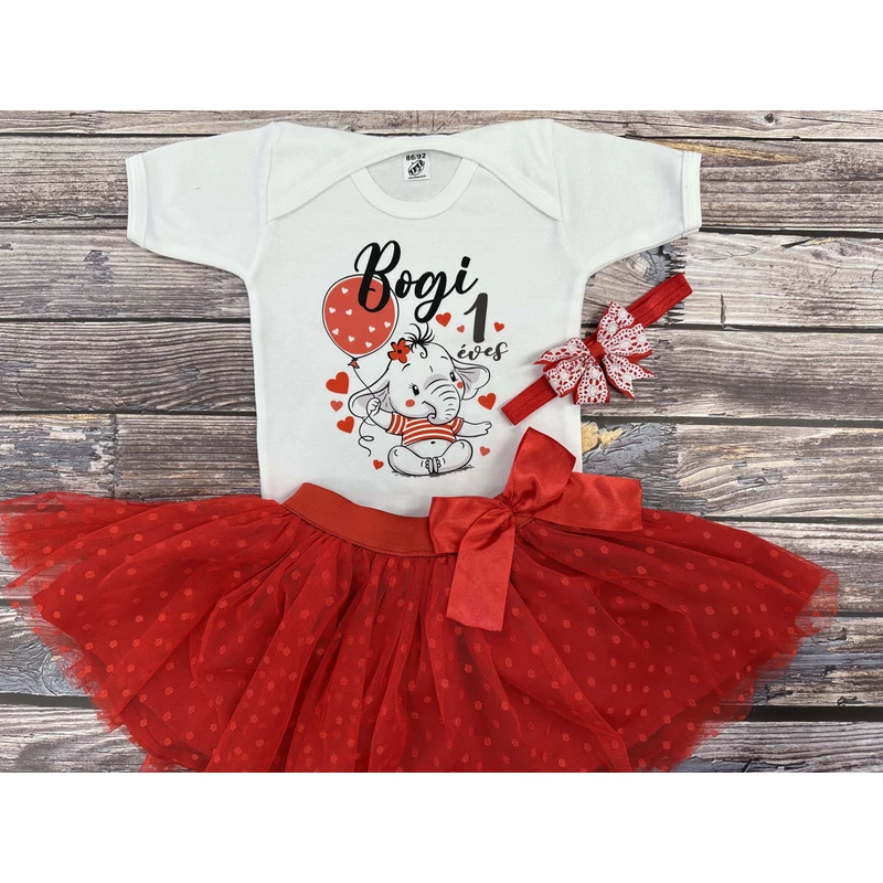 Elefáni - Piros pöttyös Tütü szett (hajpánt nélkül)  (1, 2 éveseknek, Egyedi névvel)