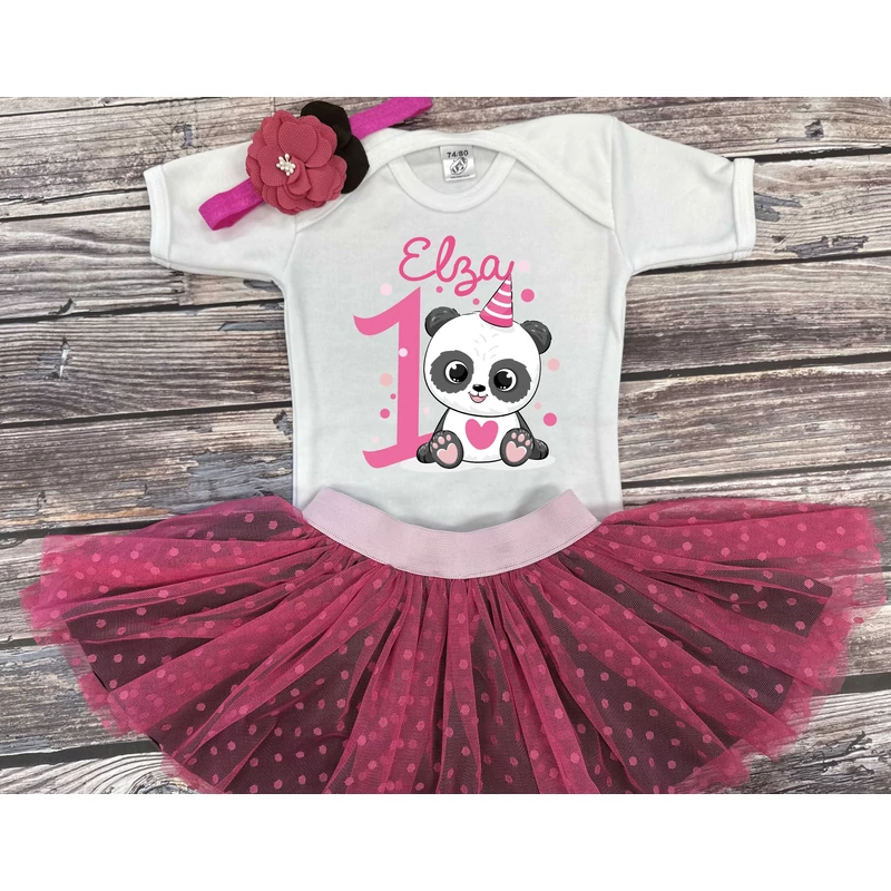 Pandamaci - Fuxia Tütü szett, virágos hajpánttal (1 éveseknek, Egyedi névvel)