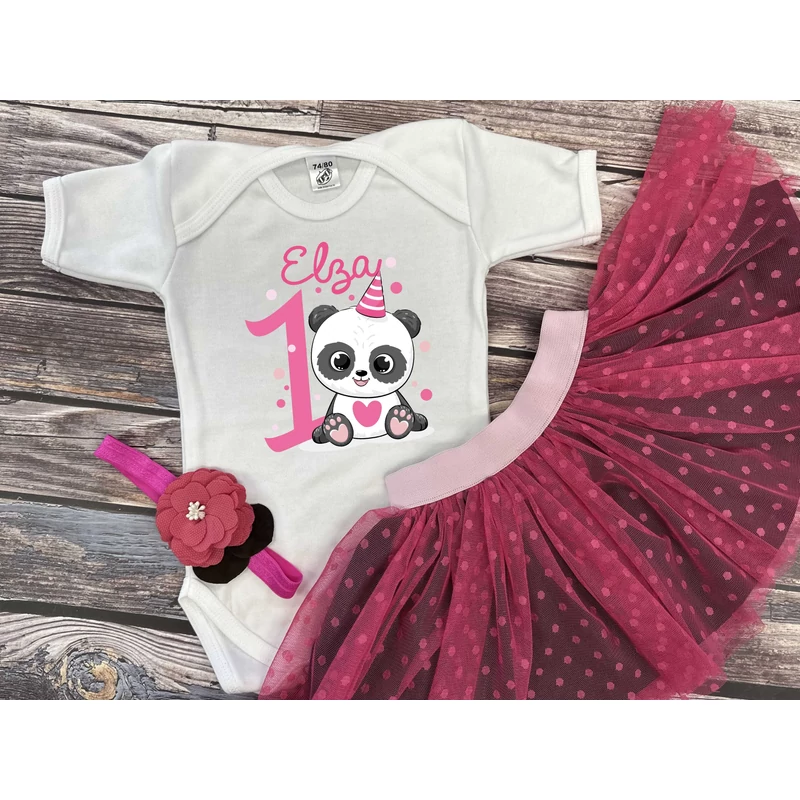 Pandamaci - Fuxia Tütü szett, virágos hajpánttal (1 éveseknek, Egyedi névvel)