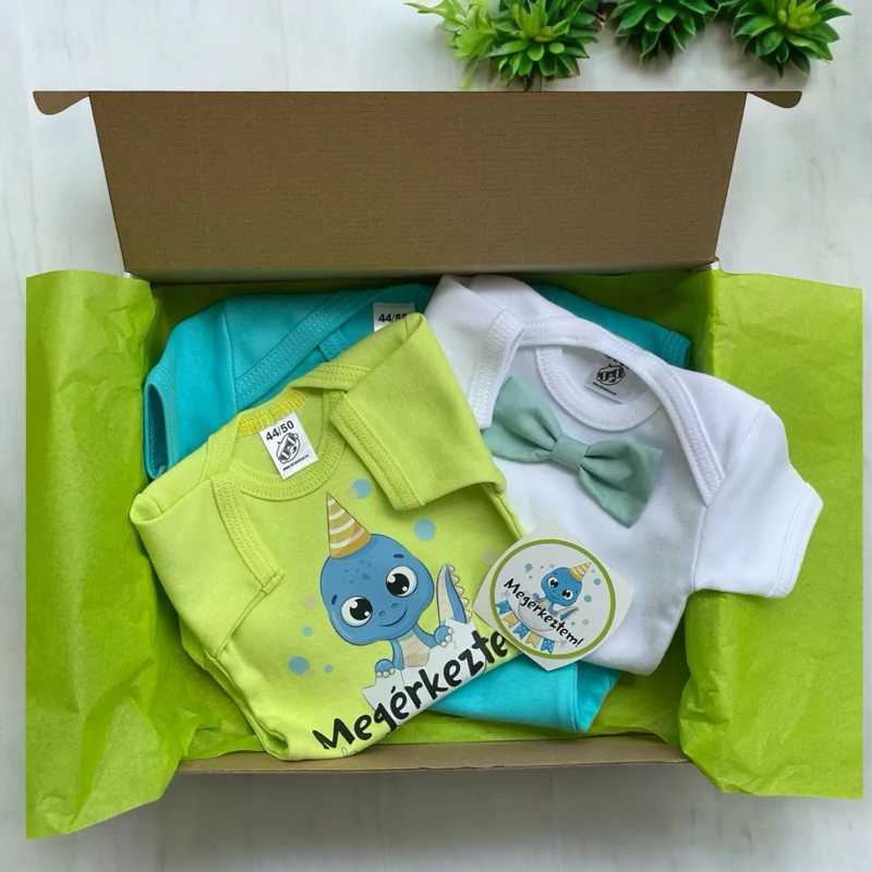 Kicsi Dínó Megérkeztem -  Babadoboz (Egyedi névvel)