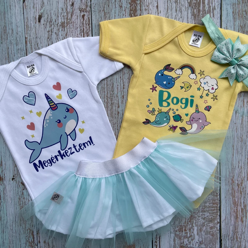 Narvál Megérkeztem - Babadoboz (Egyedi név + hajpánt)