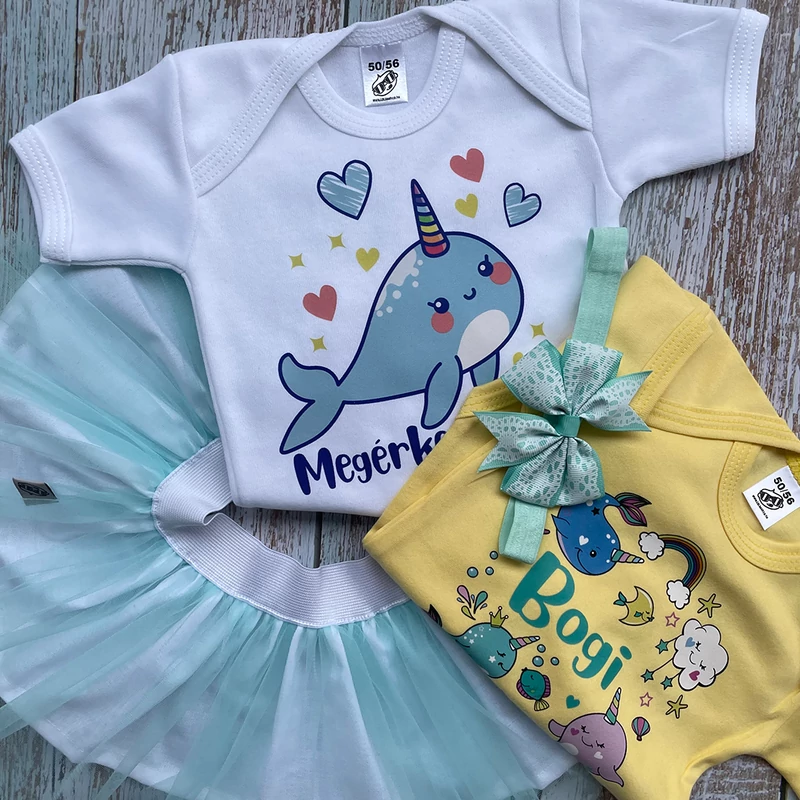 Narvál Megérkeztem - Babadoboz (Egyedi név + hajpánt)