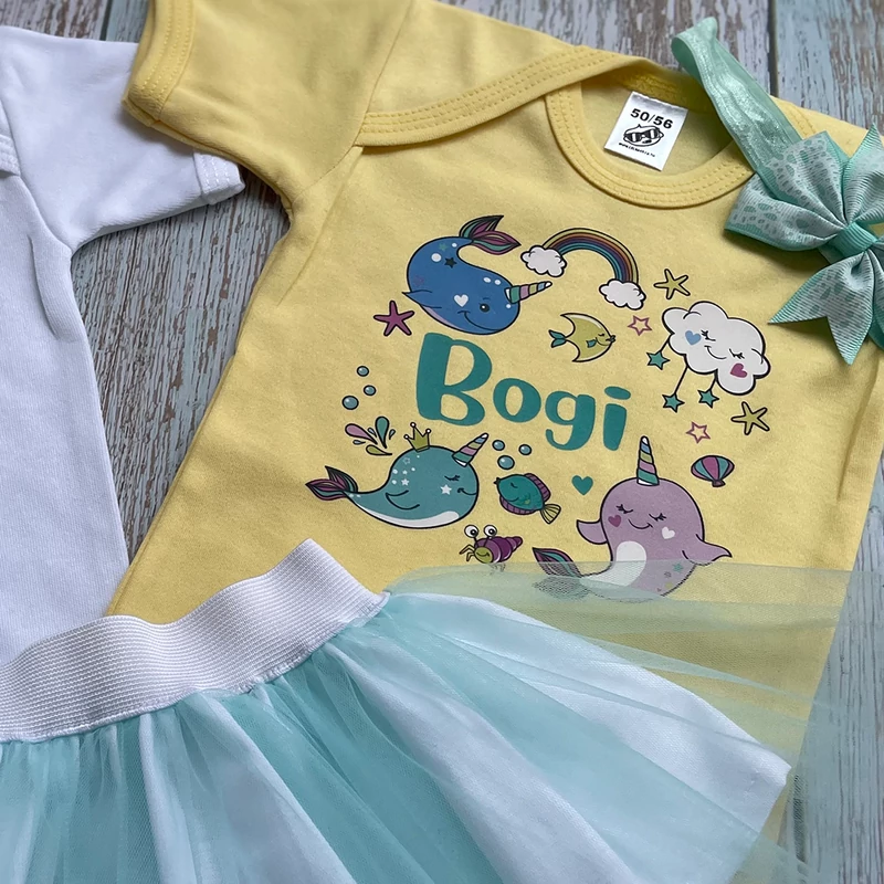 Narvál Megérkeztem - Babadoboz (Egyedi név + hajpánt)