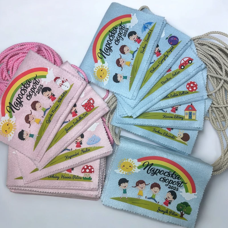 Ballagási tarisznya "Szivárvány" mintával, egyedi névvel, jellel (04B típus, egyedi)