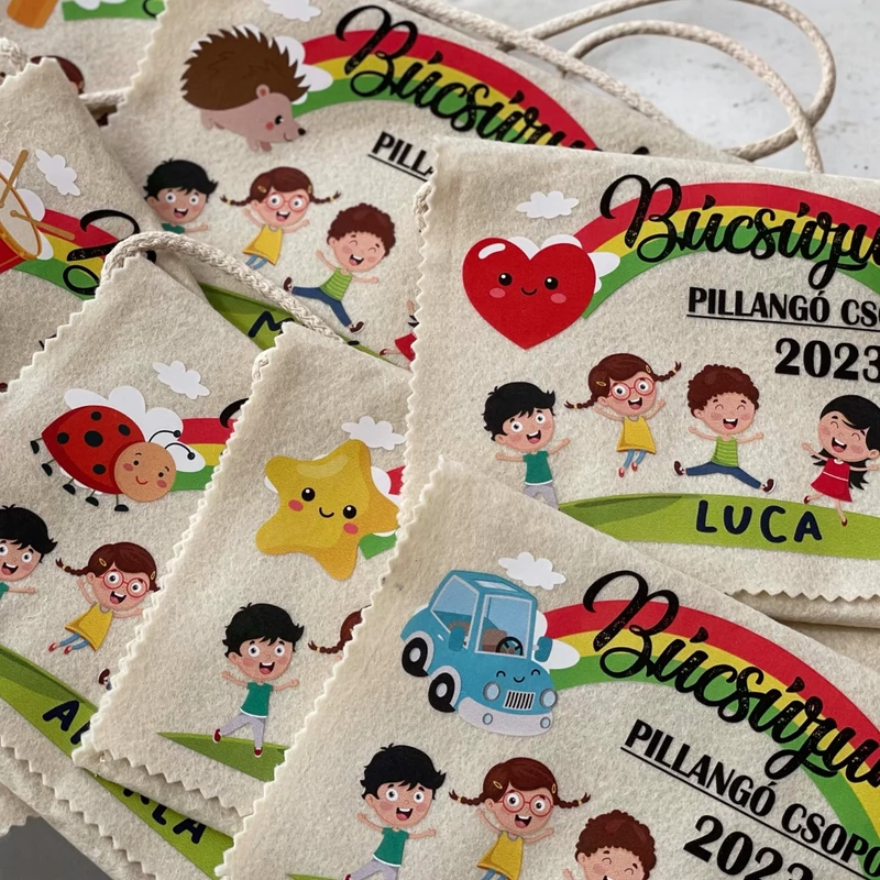 Ballagási tarisznya "Szivárvány" mintával, egyedi névvel, jellel (04B típus, egyedi)