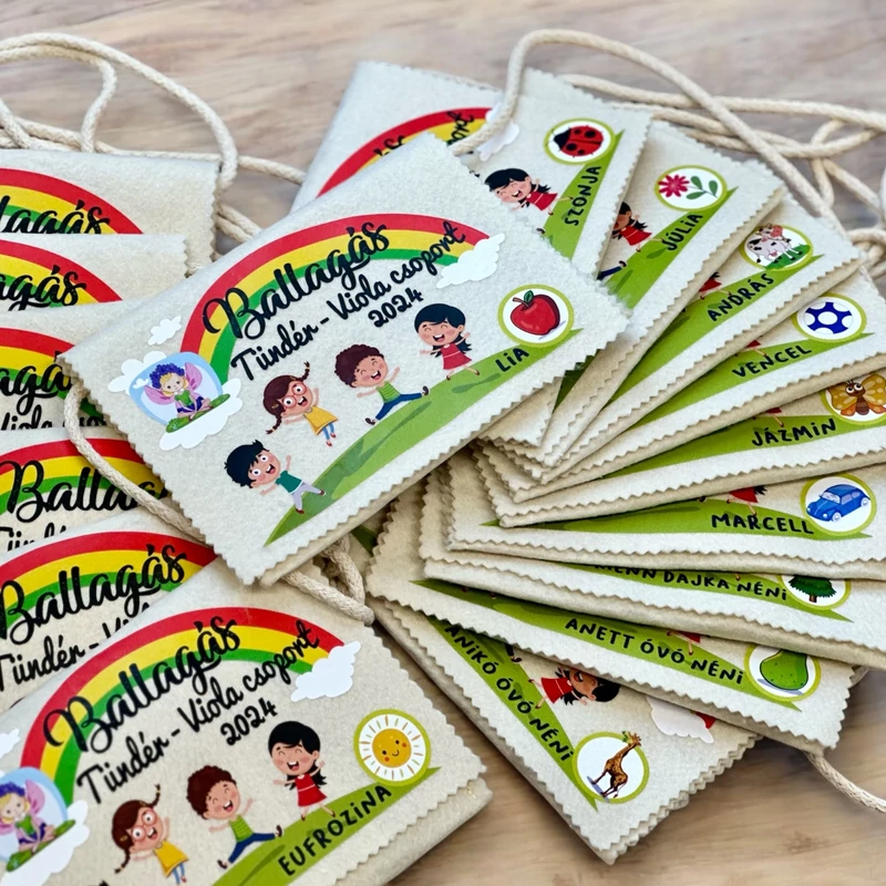 Ballagási tarisznya "Szivárvány" mintával, egyedi névvel, jellel (04B típus, egyedi)