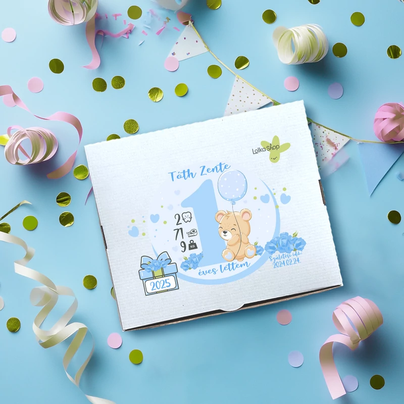 Első szülinapos Maci (Babakék, Baba adataival) - Díszdoboz 